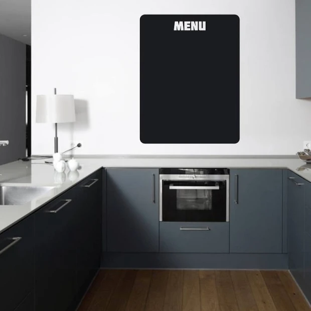 Chalkboard menu sticker 080 - Kitchen decor with light-colored walls and dark furniture.