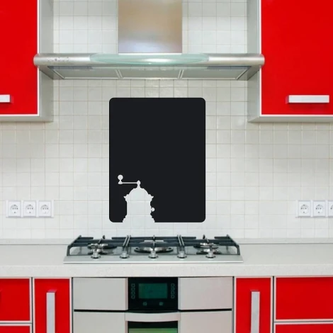 Chalkboard sticker coffee grinder 087 - Kitchen arrangement with red cabinets and light tiles for a modern look.