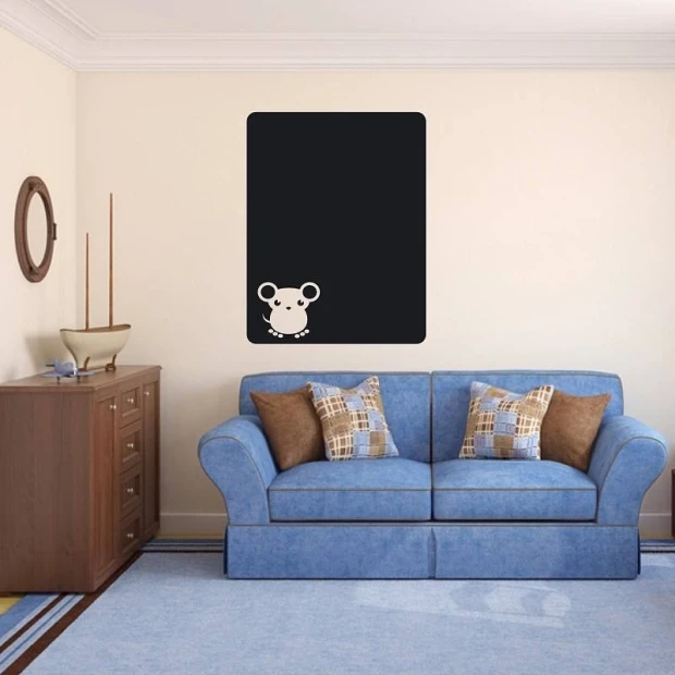 Chalk mouse sticker 102 - Living room setup with light walls and furniture in shades of brown and blue.