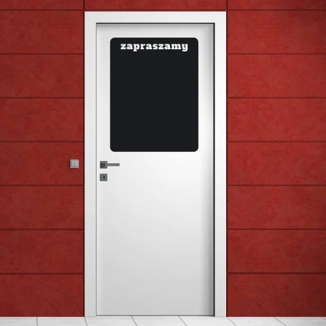 Chalk sticker "Welcome" in a room with a red wall and white doors featuring a sticker on the glass.