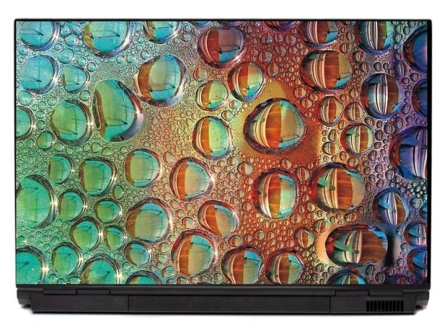 Abstract laptop sticker P212 - Colorful water droplets on a green and orange gradient background.
