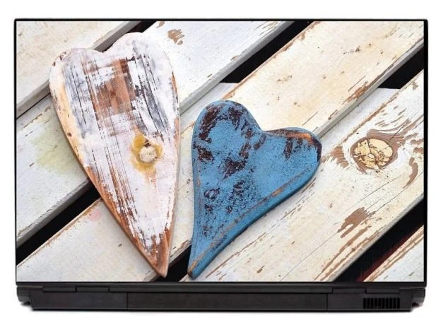 Heart laptop sticker P223 - Graphic design featuring two hearts in different colors on a light wood background.