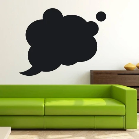 Chalk cloud sticker 121 - Living room setup with light walls, green sofa, and dark furniture.