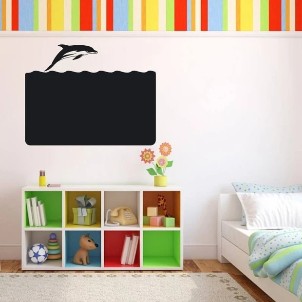 Chalk sticker dolphin 114 - Decor for a child\'s room. Walls with horizontal stripes in red, green, and yellow.