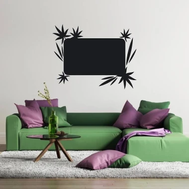 Chalk sticker leaves 090 - Living room decor. Light-colored walls, green sofa with purple-hued cushions.