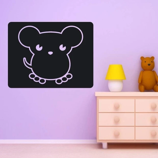 Chalk mouse sticker 099 - Decor for a child\'s room with purple walls and light-colored furniture.