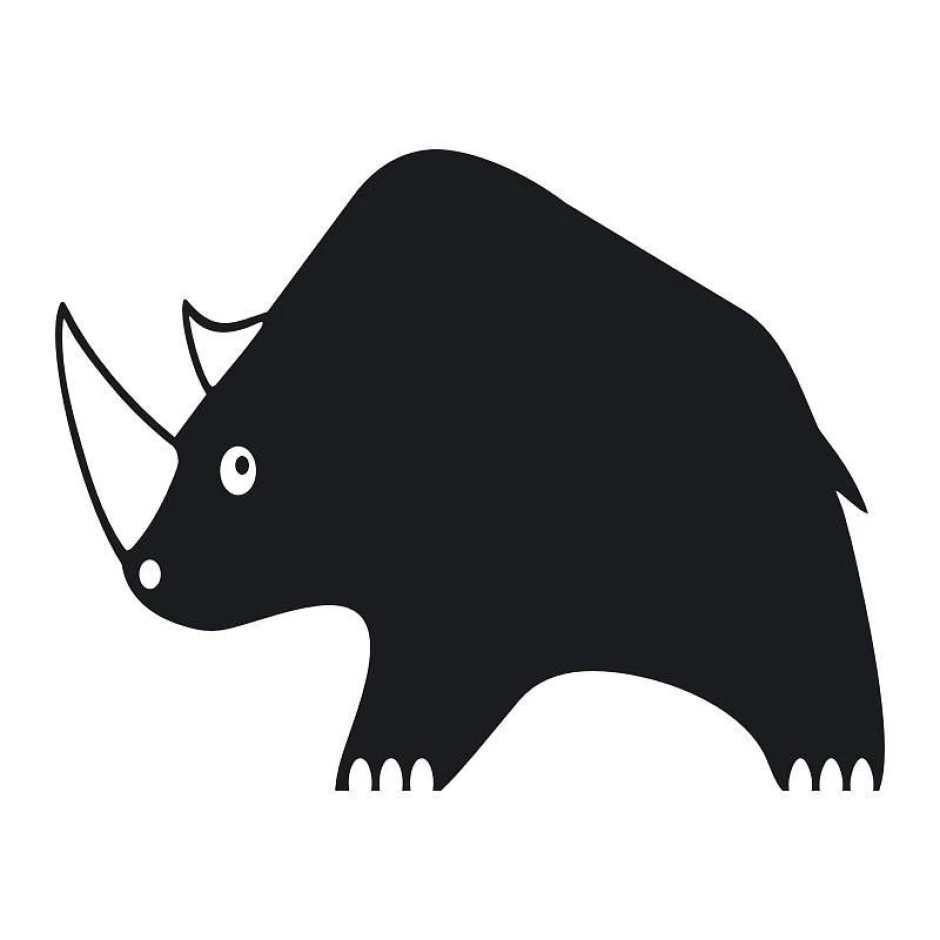 Chalk sticker rhino 101 - Graphic design. Black rhino with white details, rounded shape, large ears.