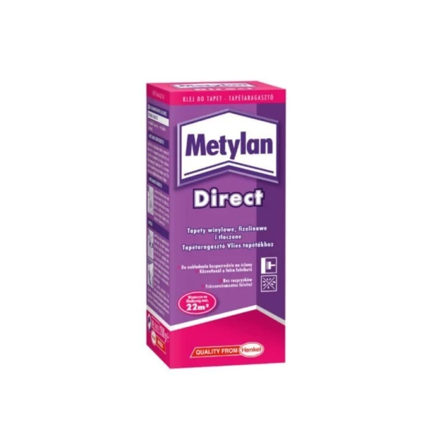 Metylan Direct wallpaper adhesive - Graphic pattern. Purple packaging with white and pink accents.
