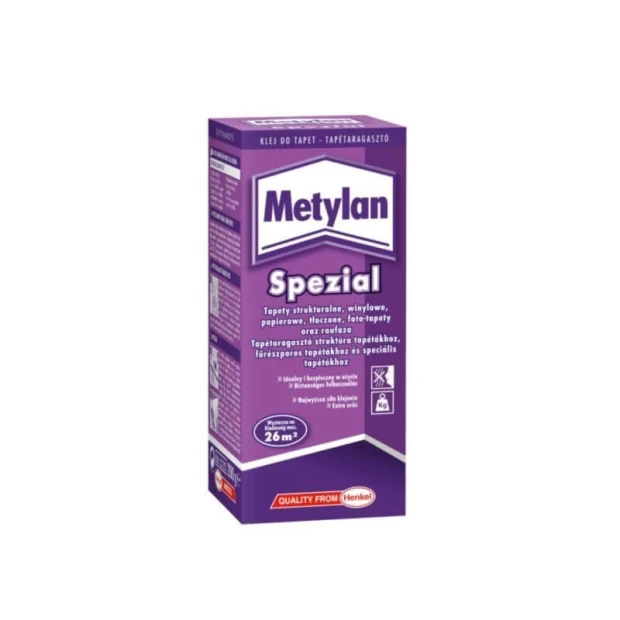 Metylan Spezial wallpaper adhesive - graphic pattern. Purple packaging with white and pink text.