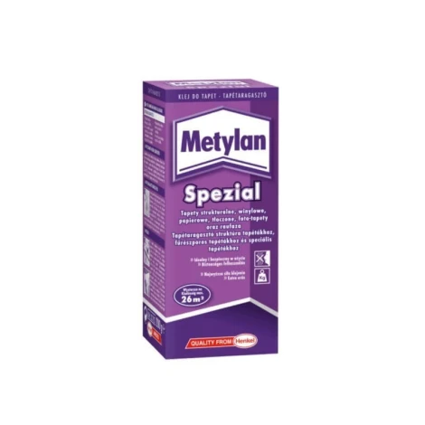 Metylan Spezial wallpaper adhesive - graphic pattern. Purple packaging with white and pink text.