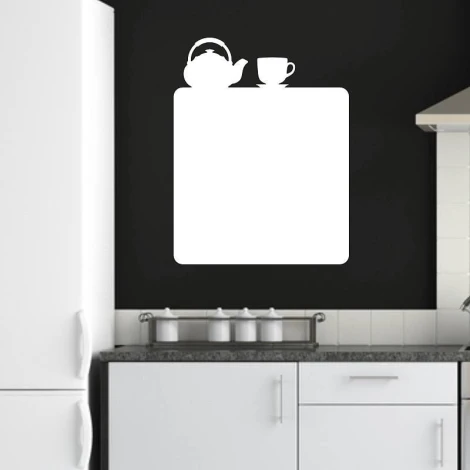 Dry-erase board with kettle and cup 088 - Kitchen arrangement. Dark walls, white furniture.