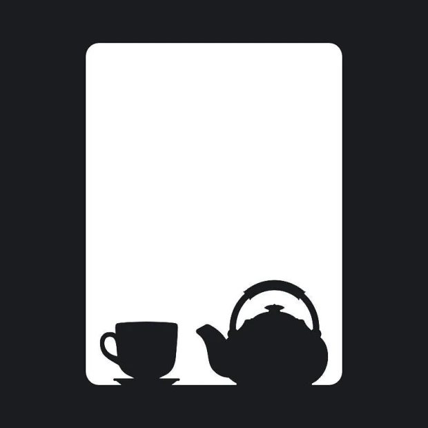Dry-erase board featuring a cup and kettle design. Black silhouettes on a white background.