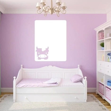 Cow dry-erase board 104 - Decor in a children\'s room. Purple walls, white furniture.