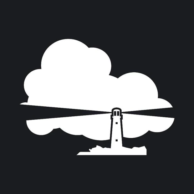 White lighthouse dry-erase board with a graphic design featuring a lighthouse against a cloudy background.