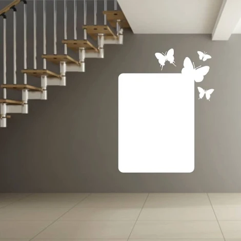 Dry-erase board butterflies 094 - Styled in a modern interior with gray walls. Visible wooden stairs.