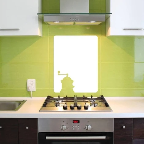 Dry-erase board coffee grinder 087 - Kitchen arrangement with green wall tiles and modern furniture.