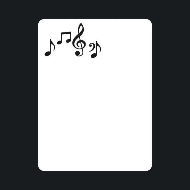 White dry-erase board with black musical notes design in the top corner.