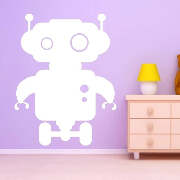 Dry-erase board robot 092 - Decor in a children\'s room. Purple walls, light-colored furniture.