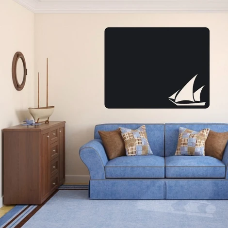 Chalk sticker yacht 134 - Living room decor with light walls, blue sofa, and wooden furniture.