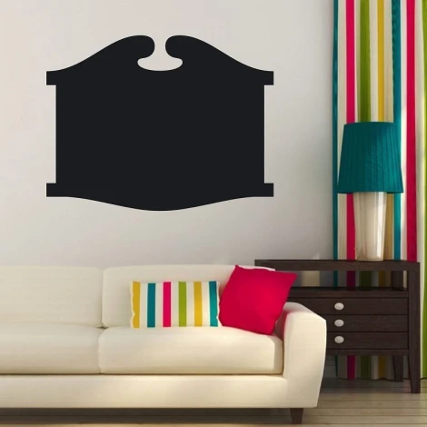 Chalkboard menu sticker 125 - Living room setup with light walls, colorful curtains, and a sofa.