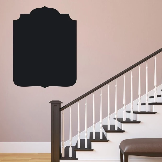 Chalkboard menu sticker 130 - hallway arrangement. Light-colored wall, dark shade stairs.