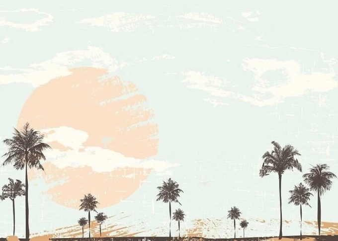Dry-erase board 01X 088 palm trees - Graphic design featuring palm trees against a large sun and clouds.