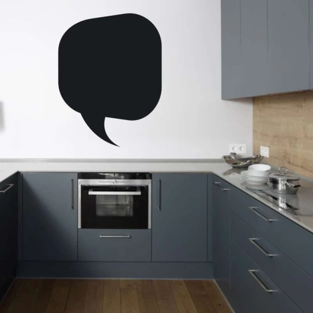 Chalk sticker speech bubble 166 - Kitchen decor. Gray furniture and light walls create a modern look.