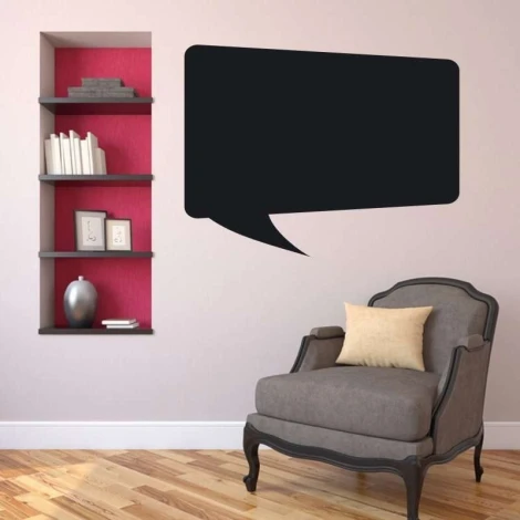 Chalk sticker speech bubble 168 - Living room setup with light walls, bookshelf, and armchair.