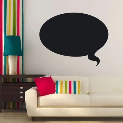 Chalk sticker speech bubble 173 - Living room setup with striped walls and dark-colored furniture.