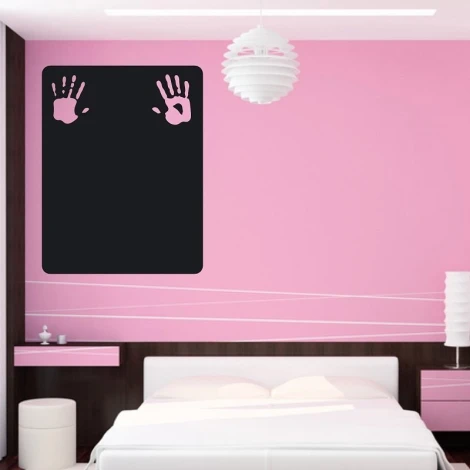 Chalk handprint sticker 161 - Bedroom decor with pink walls and brown furniture.