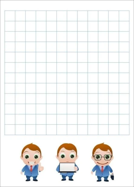 Dry-erase board notebook 027 - Graphic design. Three figures in suits on a white background with a grid pattern.