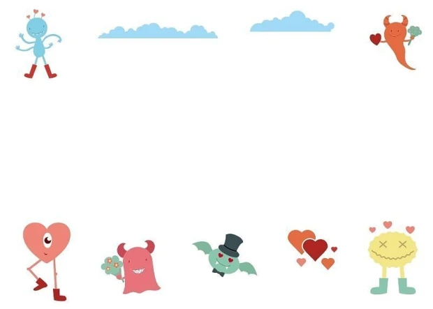 Dry-erase board 117 monsters - Graphic design with colorful monsters, hearts, and clouds on a white background.