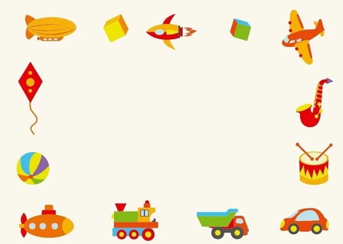 Dry-erase board 122 toys - Graphic design with colorful toys in various shapes around a white background.