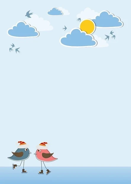 Dry-erase board 132 birds and clouds - Graphic design with two birds in hats, clouds, and sun on a light background.