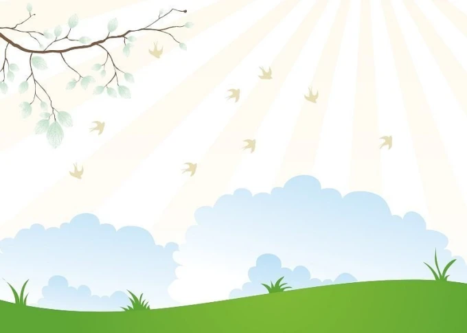 Dry-erase board 136 branch - Graphic design. Light background with clouds, a branch with leaves, and flying birds.