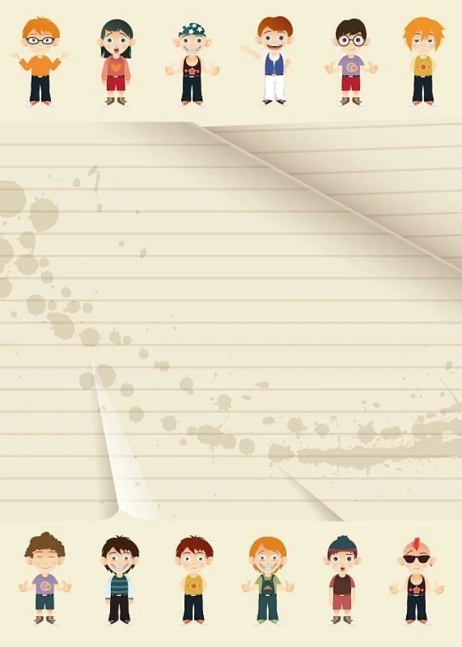 Dry-erase board 140 characters - Graphic design with figures in various outfits on a light paper background with lines.