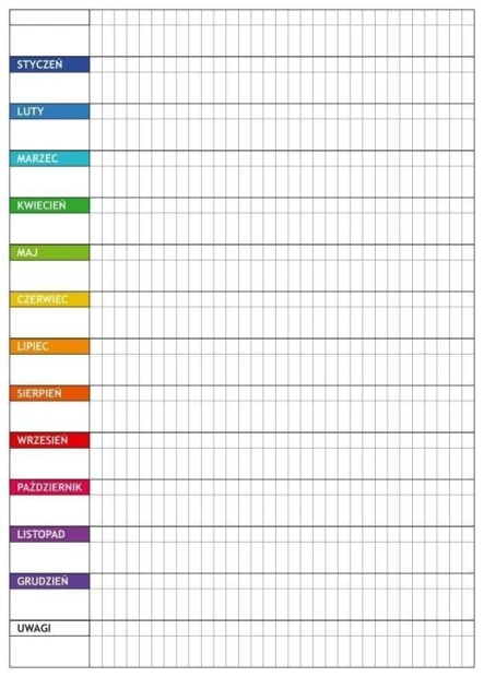 Yearly lean planner dry-erase board 040 - Graphic design with monthly grid and colorful headers.