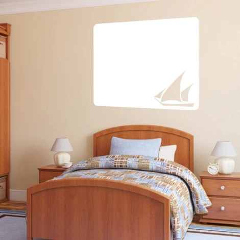 Yacht 134 dry-erase board - Bedroom setup with light-colored walls, wooden furniture, and a patterned bed.