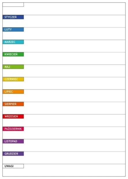 Annual lean planner dry-erase board 042 - Graphic design. Simple table with month names in various colors.