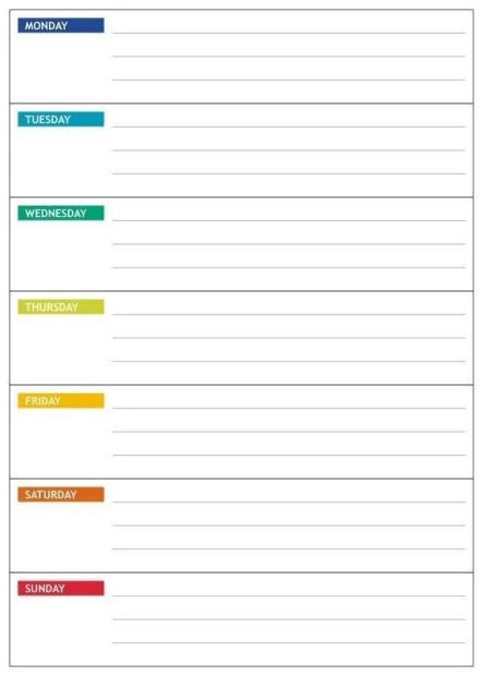 Weekly lean planner dry-erase board in English 045 - Simple layout with colorful days of the week.