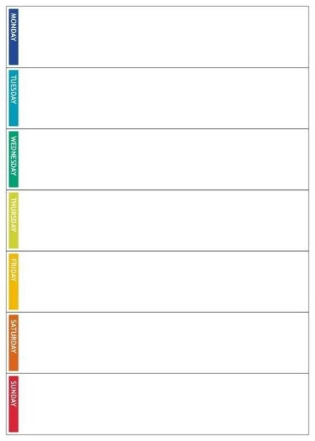 Weekly lean planner whiteboard with a simple grid layout for days of the week in various colors.