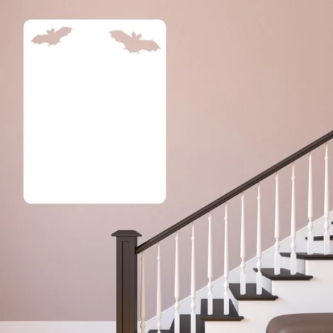 Bat-themed whiteboard 146 - hallway arrangement. Light-colored walls, wooden stairs.