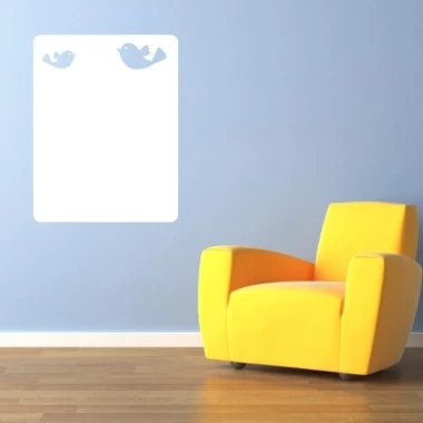 Dry-erase board with birds 162 - Room setup. Light-colored wall, yellow chair on wooden floor.