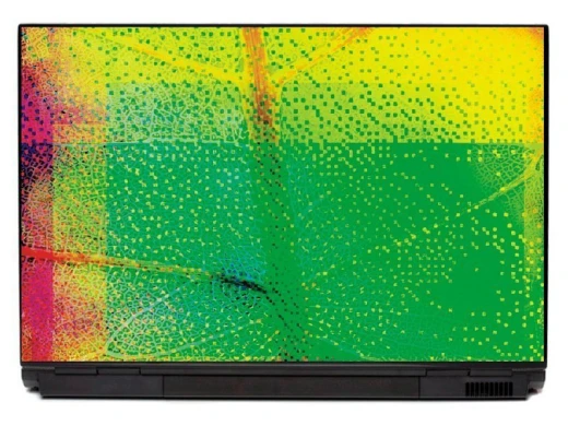 Abstract laptop sticker P326 - Graphic design with colorful splashes in green, yellow, and red with contrasting elements.