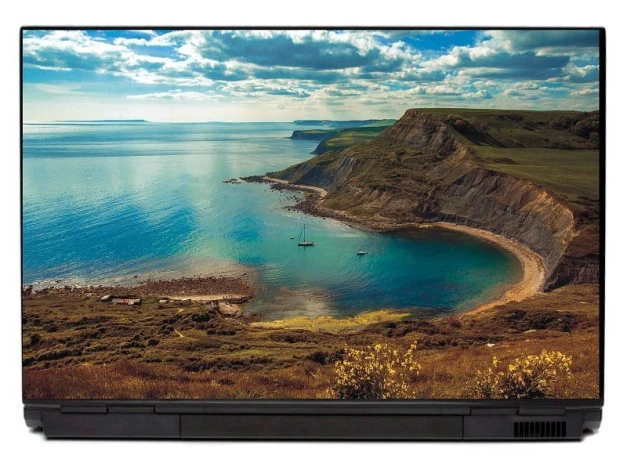Laptop sticker Bay P334 - Graphic design featuring a sea view with cliffs, a boat, and clouds.
