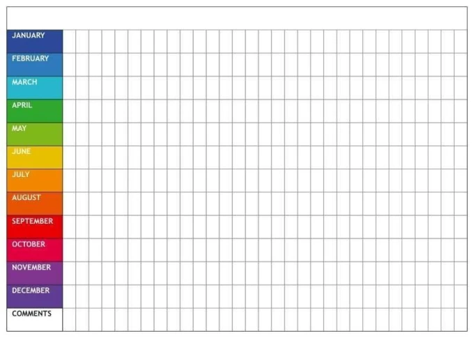 Yearly lean planner whiteboard in English 049 - Graphic design with month names arranged vertically and horizontally.