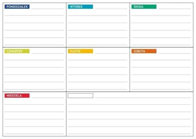 Weekly lean planner dry-erase board 052 - Simple grid with days of the week in colorful headers.