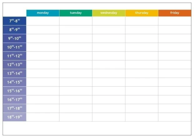 Weekly lean planner dry-erase board with hours, English design. Simple grid with days of the week.