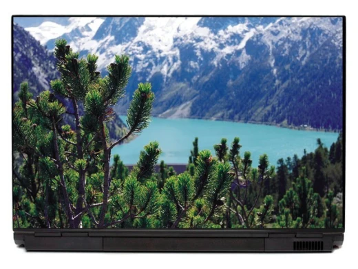 Laptop sticker P442 - Graphic design featuring a mountain lake and mountain backdrop with a dwarf pine tree.