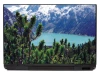 Laptop sticker P442 - Graphic design featuring a mountain lake and mountain backdrop with a dwarf pine tree.
